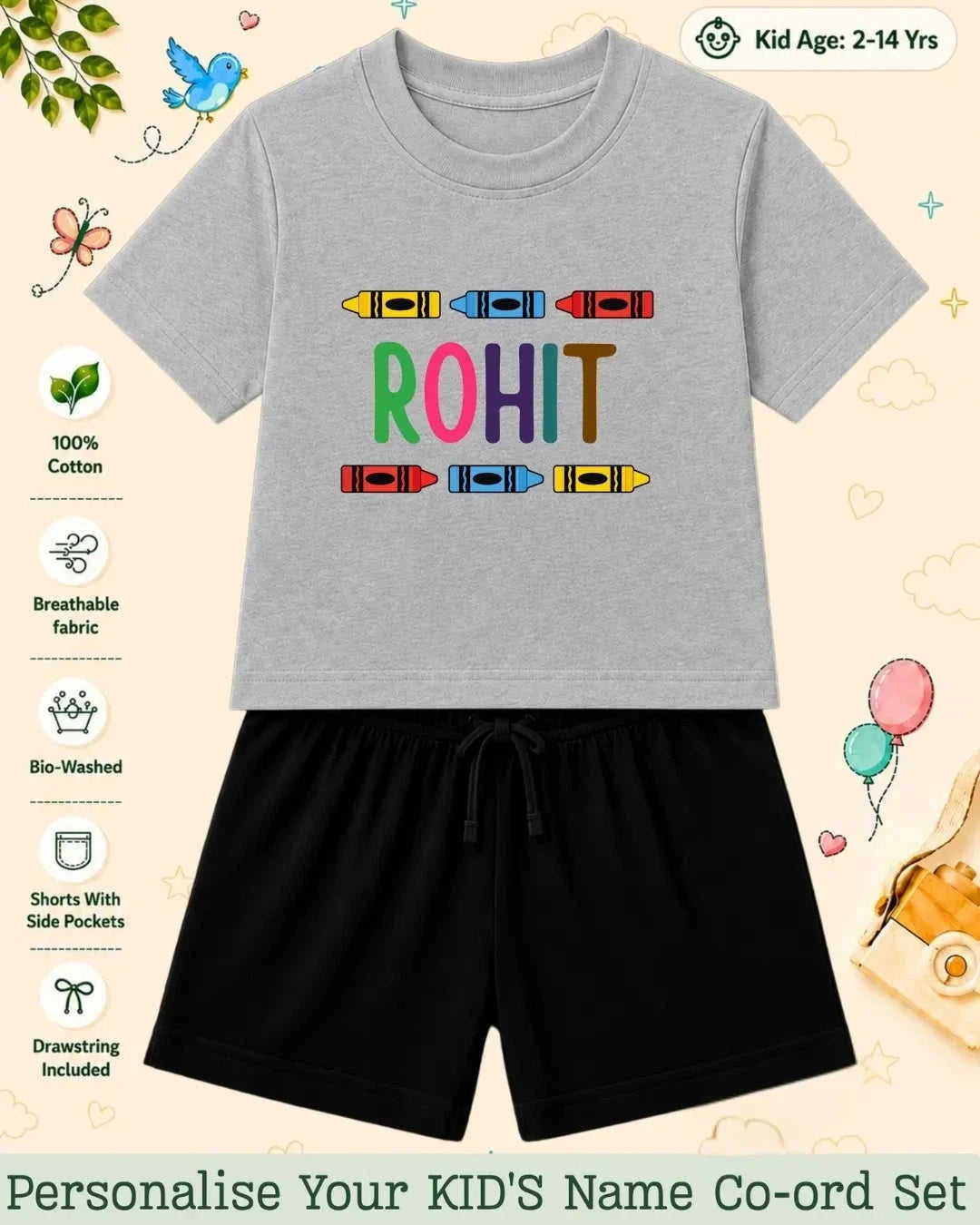 Colorful Crayon Custom Kid Co-ord Set Swiftsoul