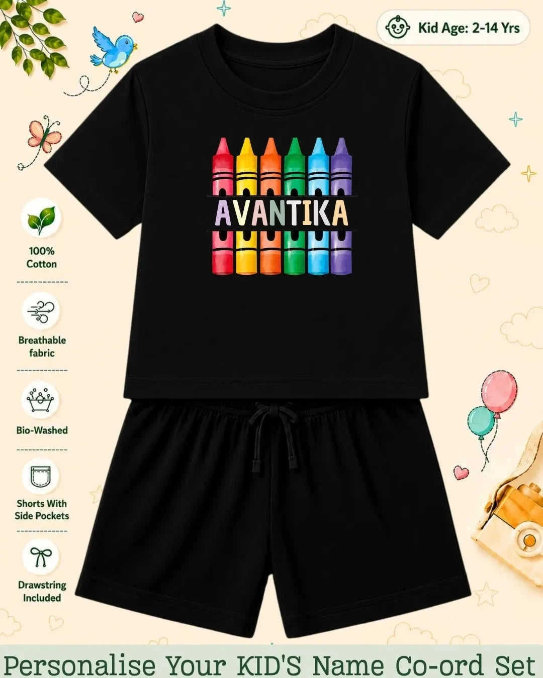 Colorful Crayon Custom Kid Co-ord Set Swiftsoul