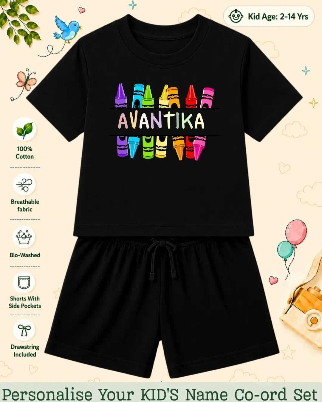 Colorful Crayon Custom Kid Co-ord Set Swiftsoul