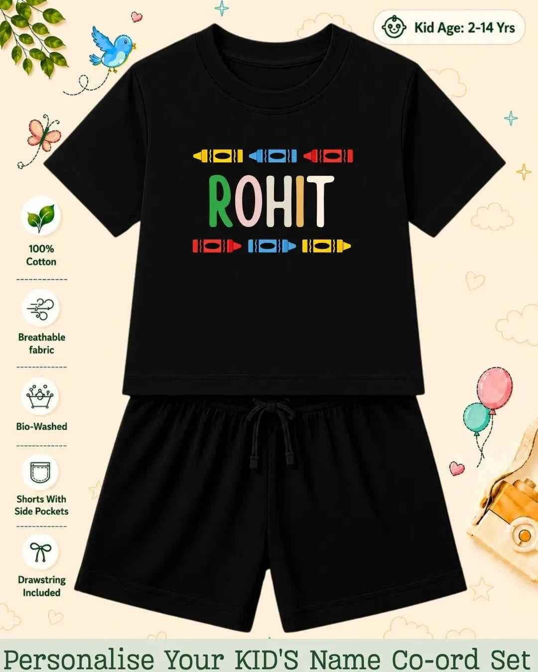 Colorful Crayon Custom Kid Co-ord Set Swiftsoul