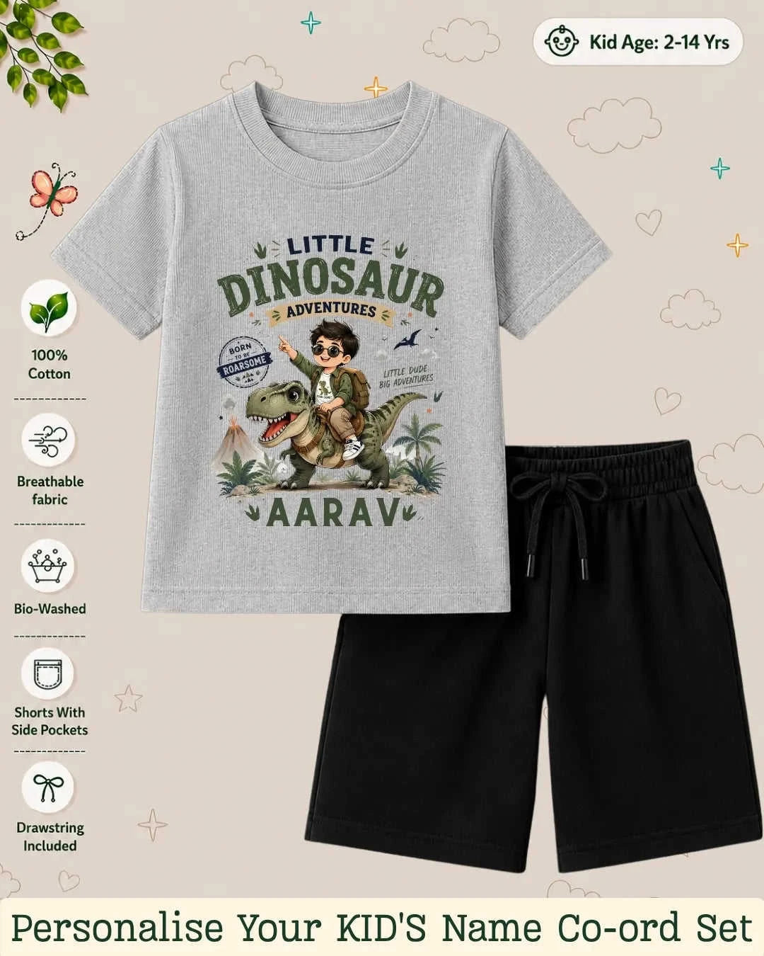 Dinosaur Custom Kid Co-ord Set Swiftsoul