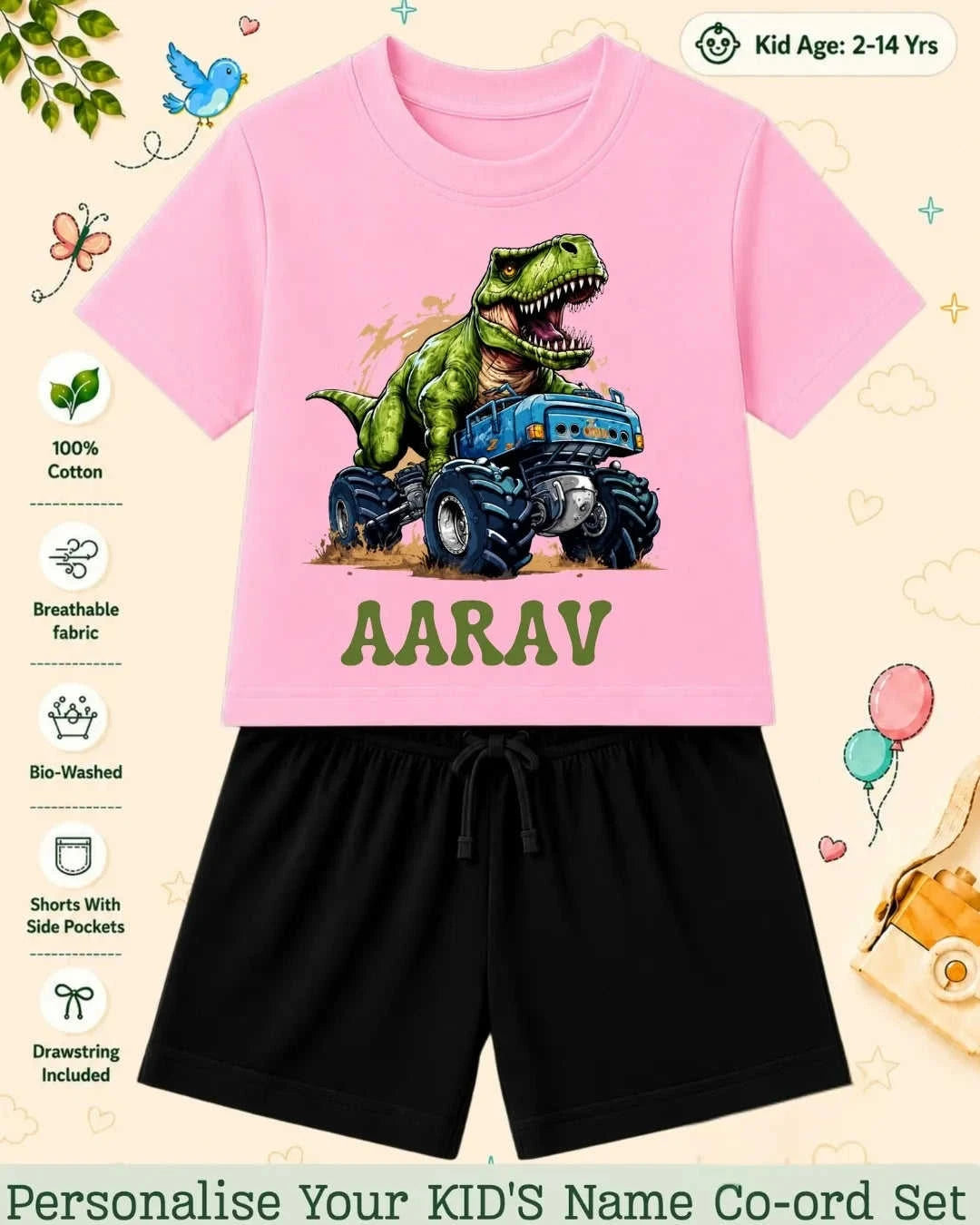 Dinosaur Custom Kid Co-ord Set Swiftsoul