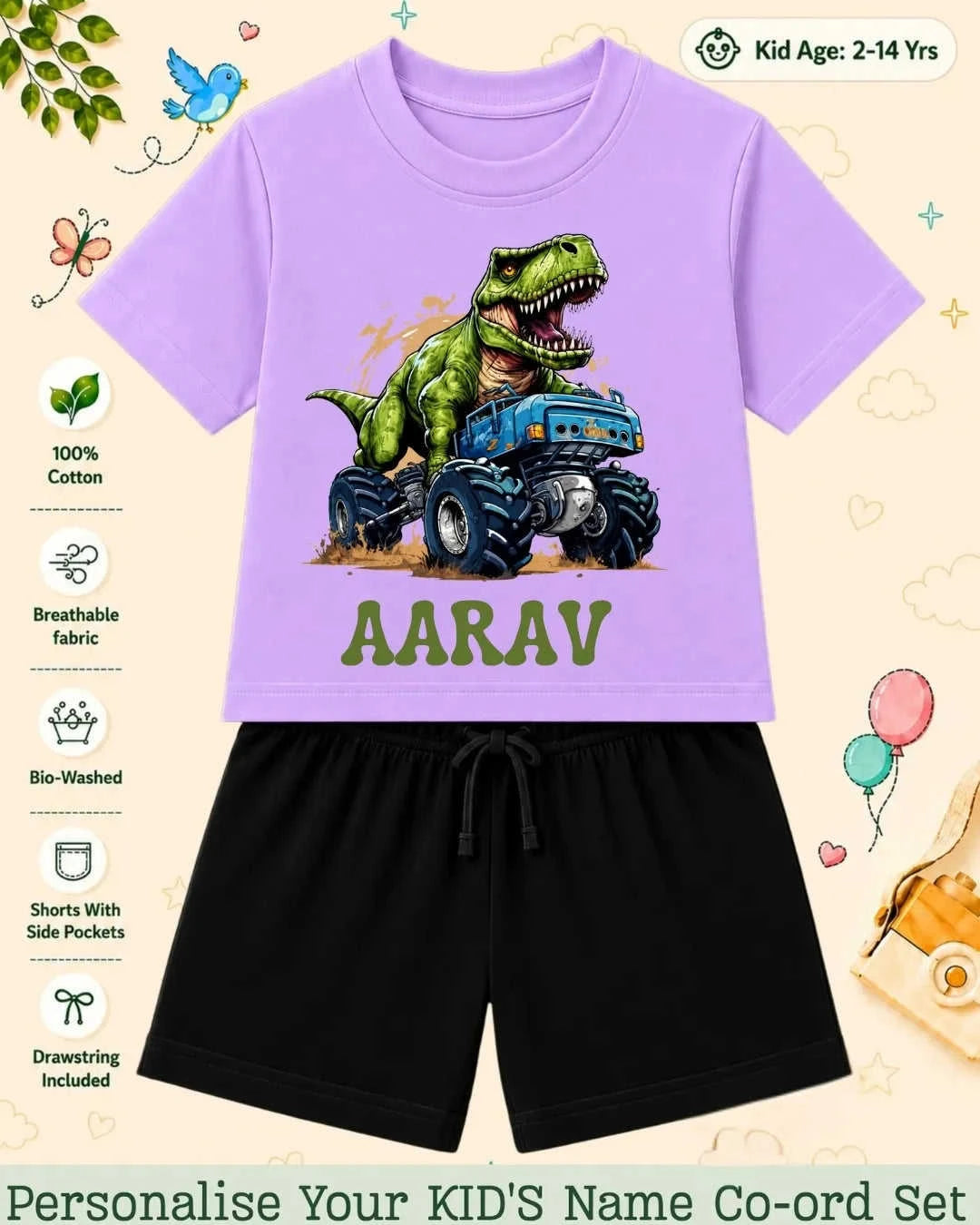 Dinosaur Custom Kid Co-ord Set Swiftsoul