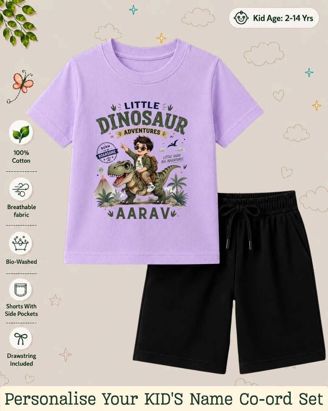 Dinosaur Custom Kid Co-ord Set Swiftsoul