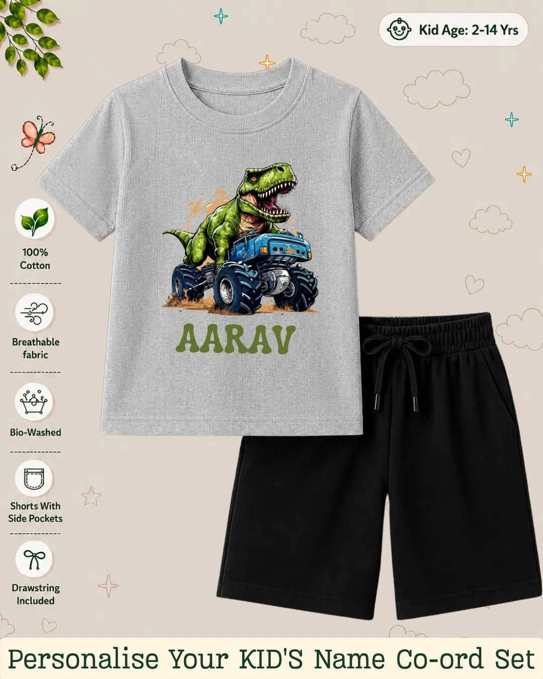 Dinosaur Custom Kid Co-ord Set Swiftsoul