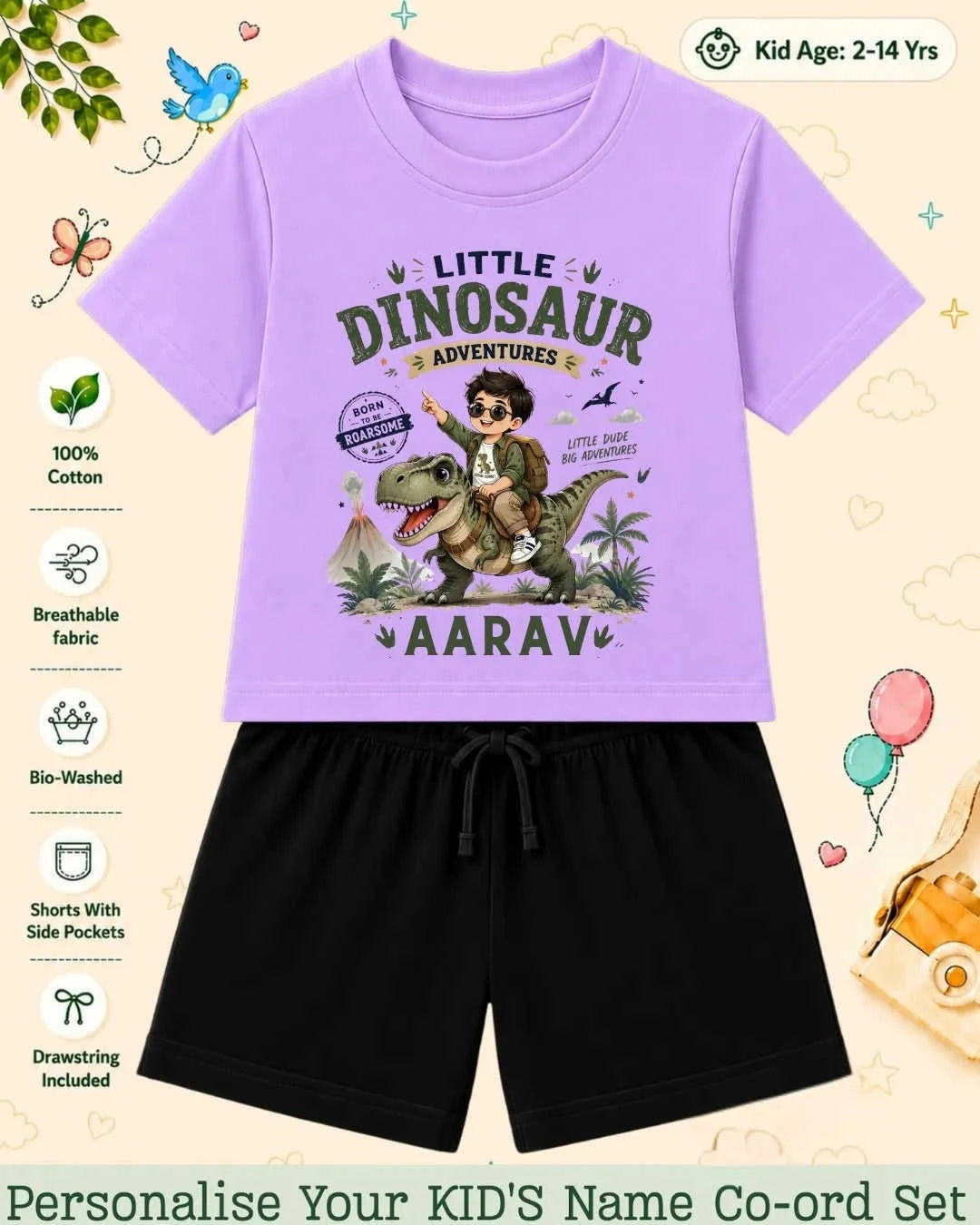 Dinosaur Custom Kid Co-ord Set Swiftsoul
