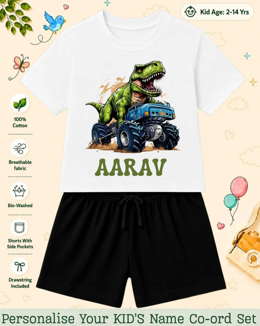 Dinosaur Custom Kid Co-ord Set Swiftsoul