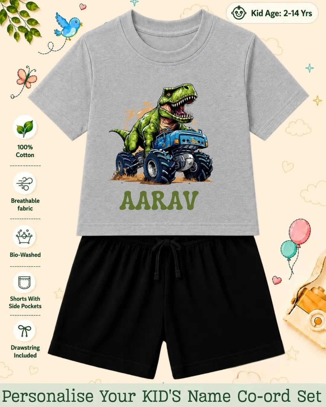 Dinosaur Custom Kid Co-ord Set Swiftsoul