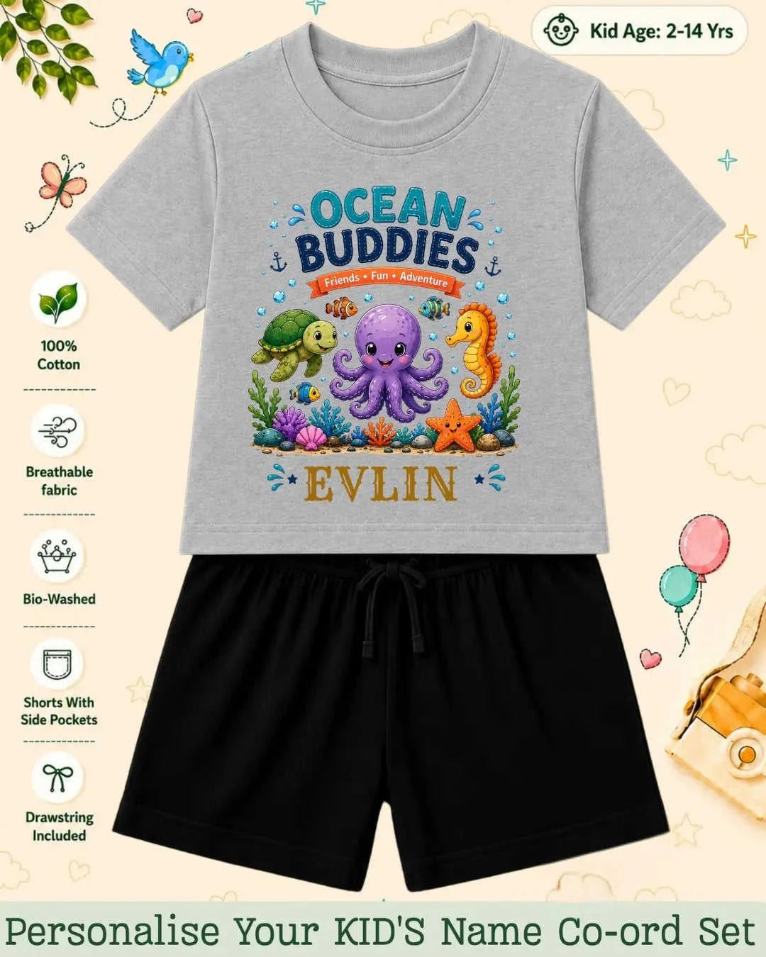 Ocean Theme Custom Kid Co-ord Set Swiftsoul
