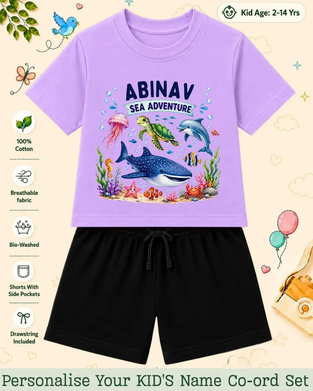 Ocean Theme Custom Kid Co-ord Set Swiftsoul