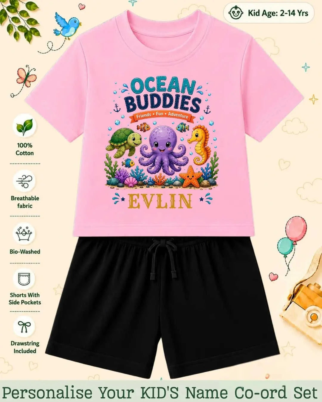 Ocean Theme Custom Kid Co-ord Set Swiftsoul