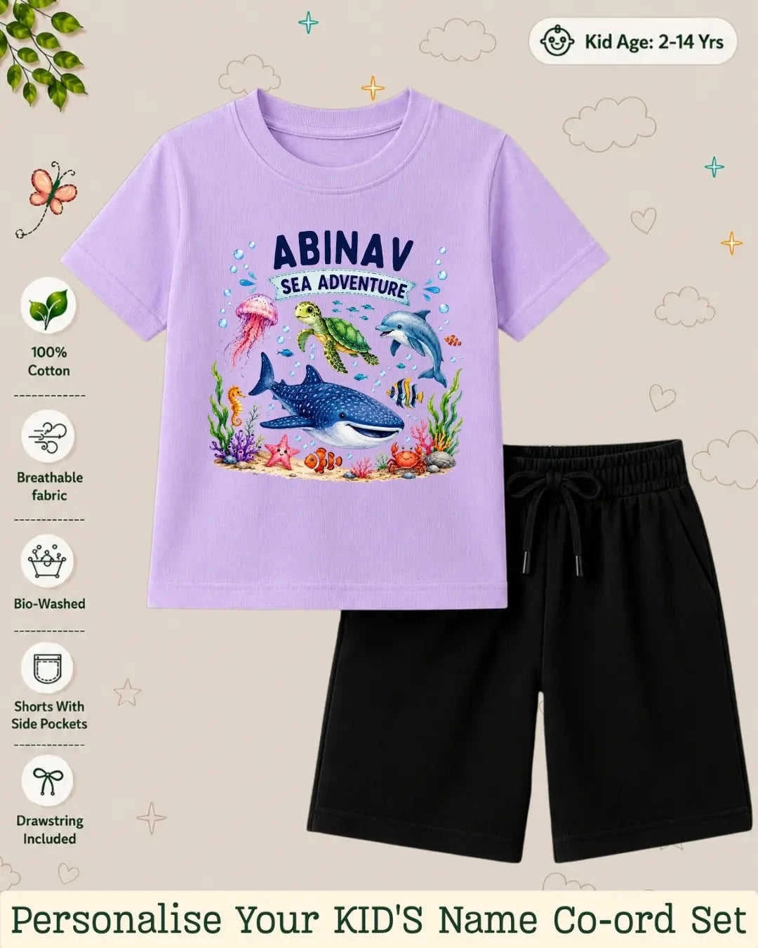 Ocean Theme Custom Kid Co-ord Set Swiftsoul