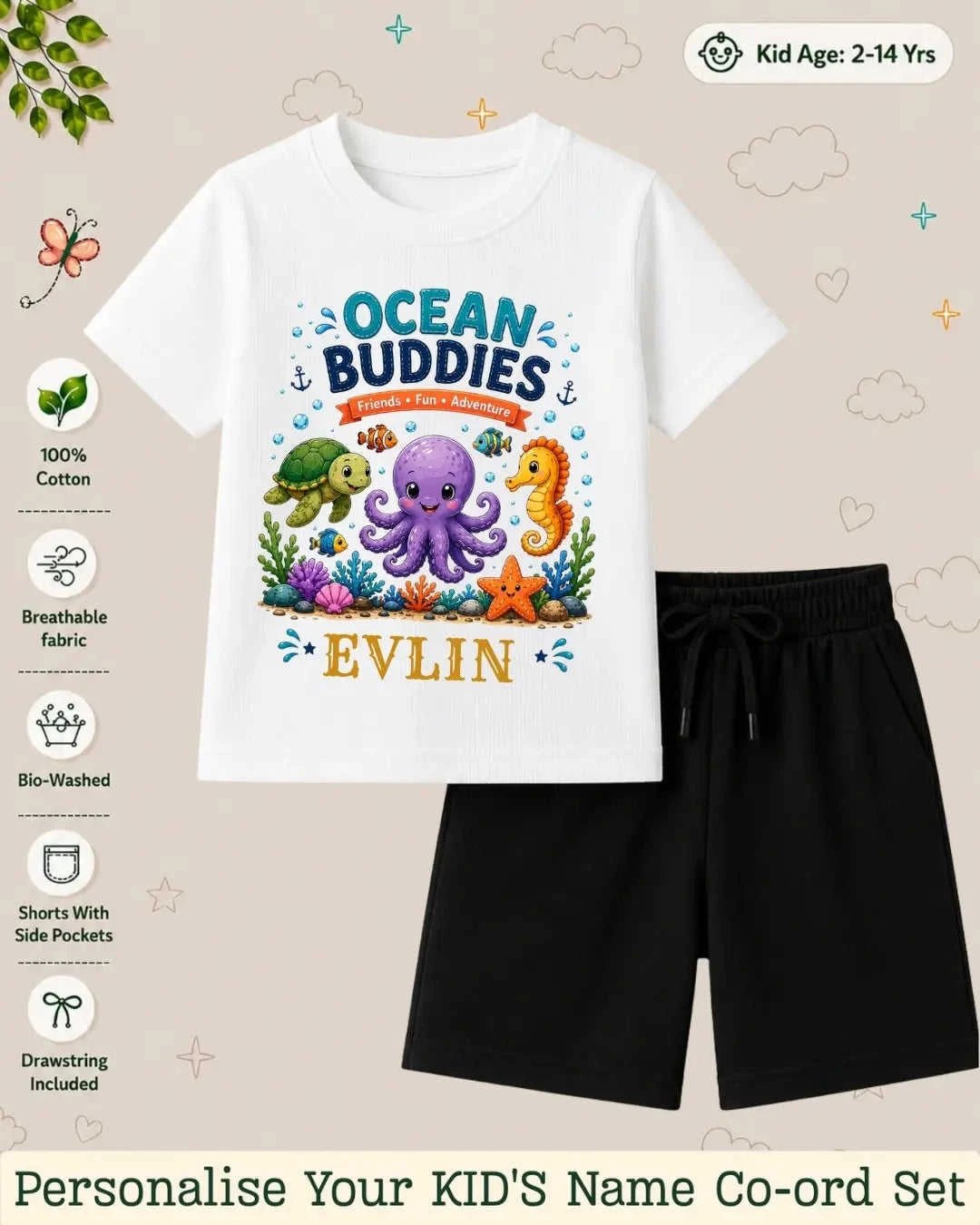 Ocean Theme Custom Kid Co-ord Set Swiftsoul