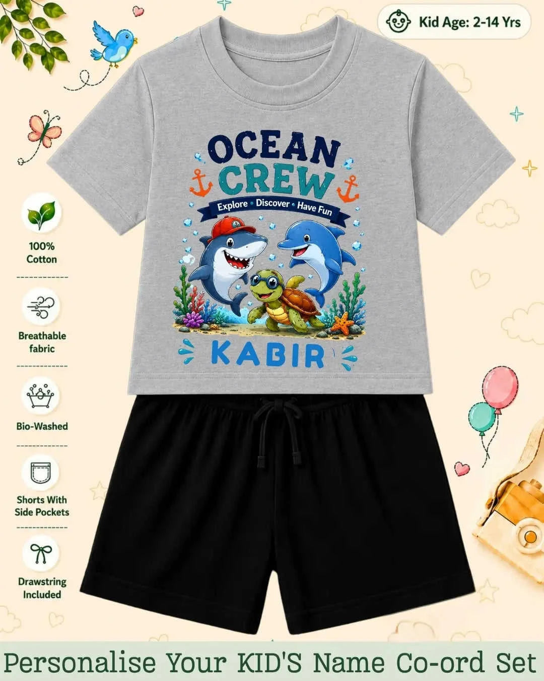 Ocean Theme Custom Kid Co-ord Set Swiftsoul