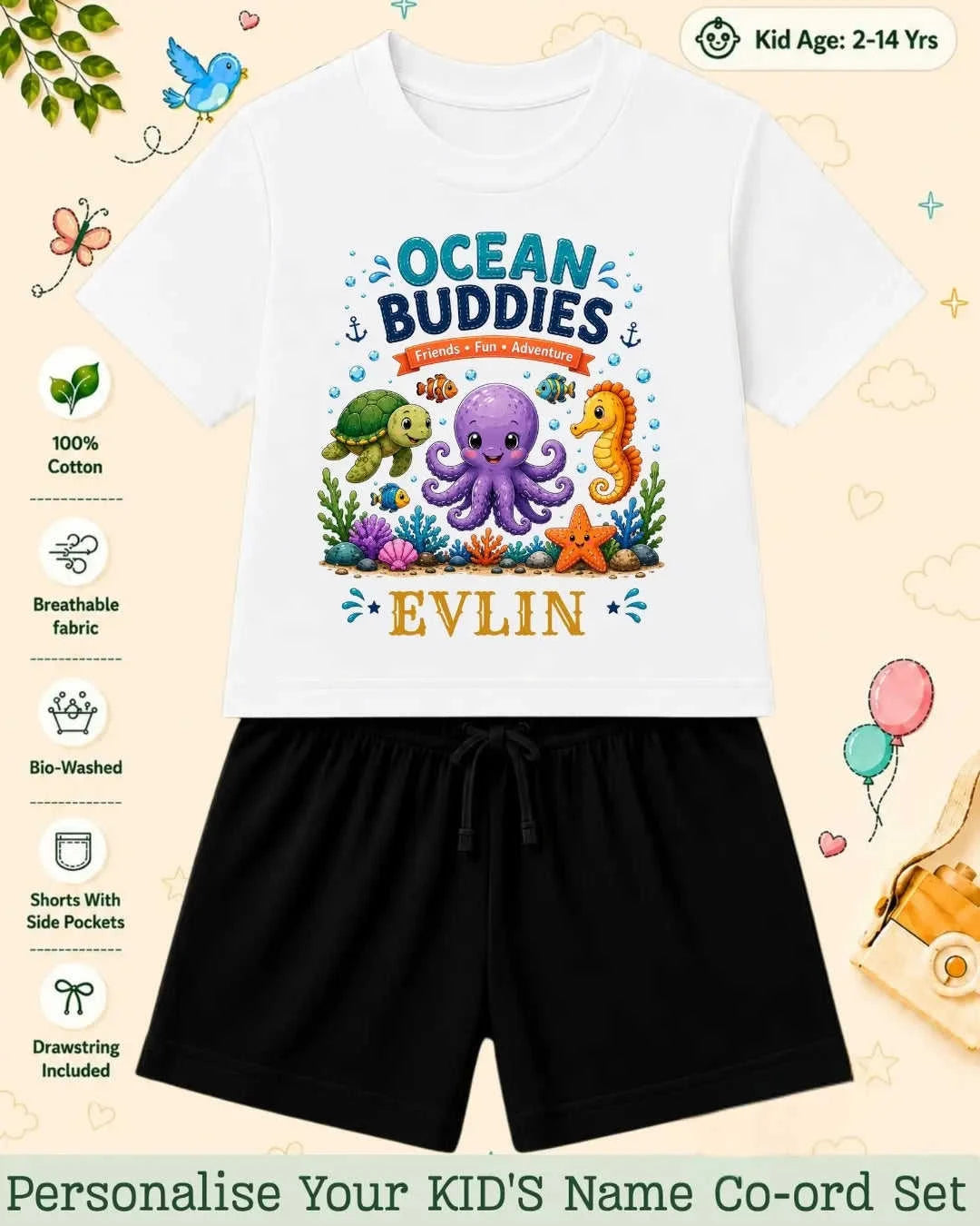 Ocean Theme Custom Kid Co-ord Set Swiftsoul