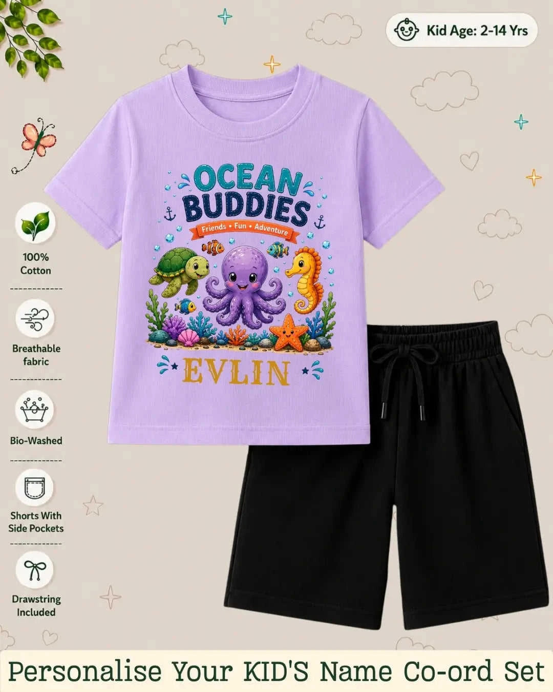 Ocean Theme Custom Kid Co-ord Set Swiftsoul