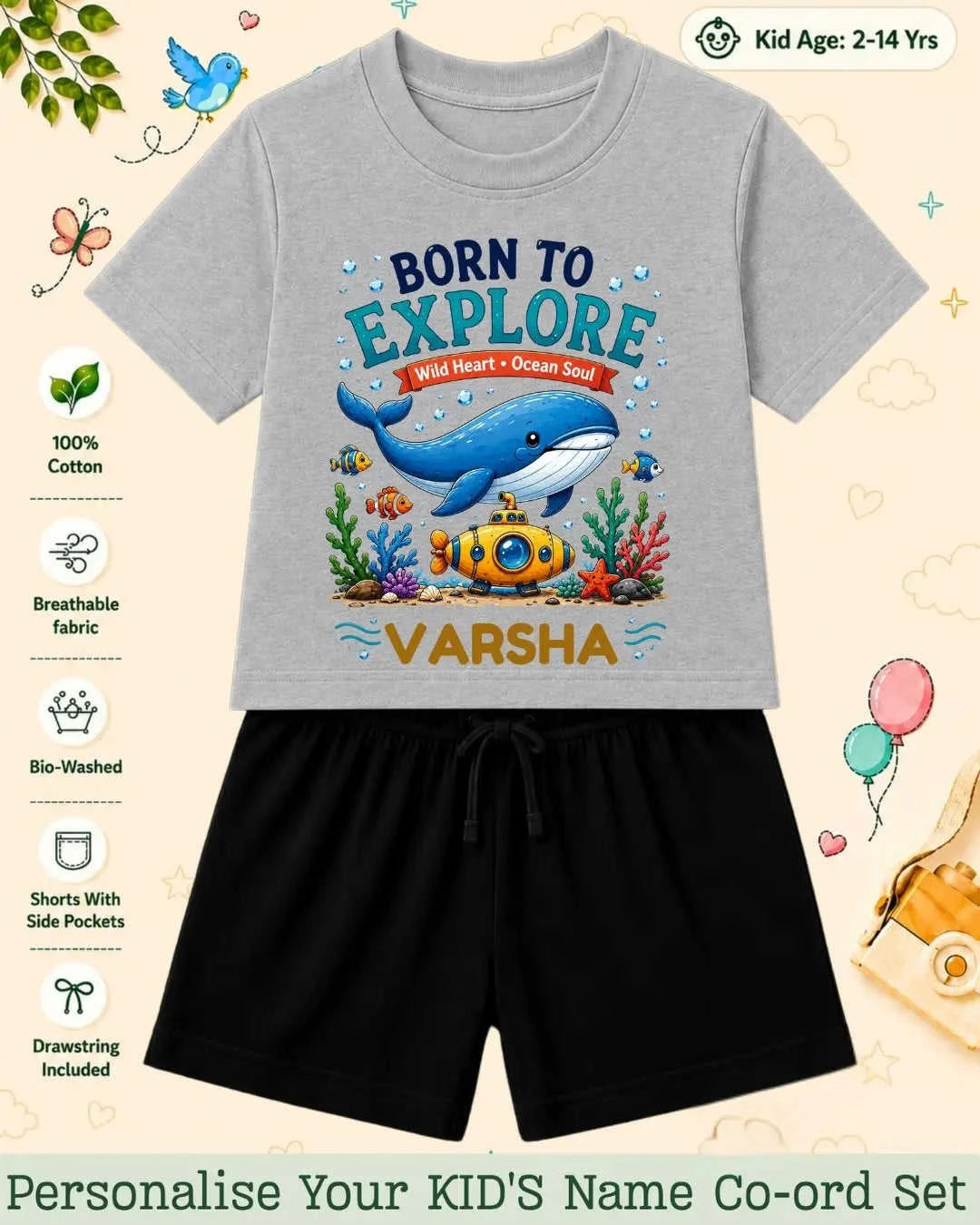 Ocean Theme Custom Kid Co-ord Set Swiftsoul