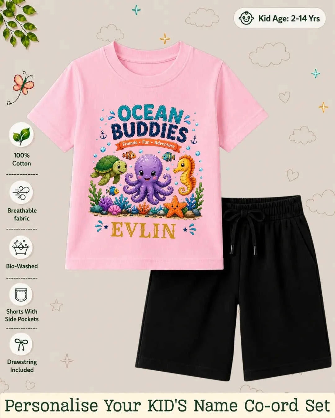 Ocean Theme Custom Kid Co-ord Set Swiftsoul
