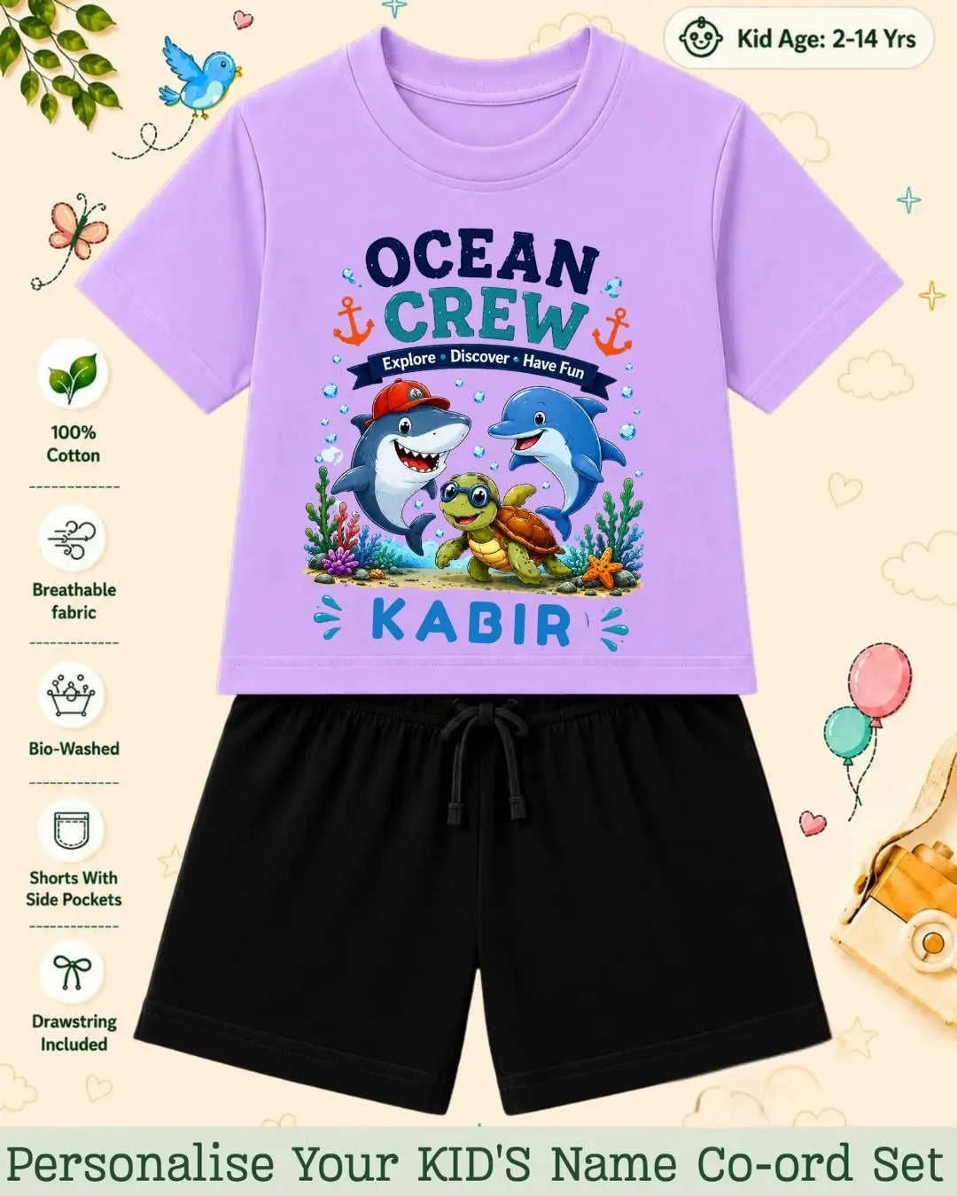 Ocean Theme Custom Kid Co-ord Set Swiftsoul