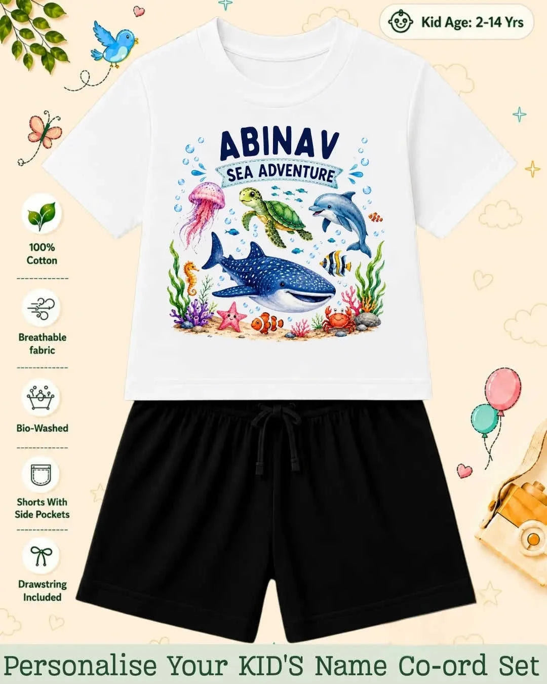 Ocean Theme Custom Kid Co-ord Set Swiftsoul