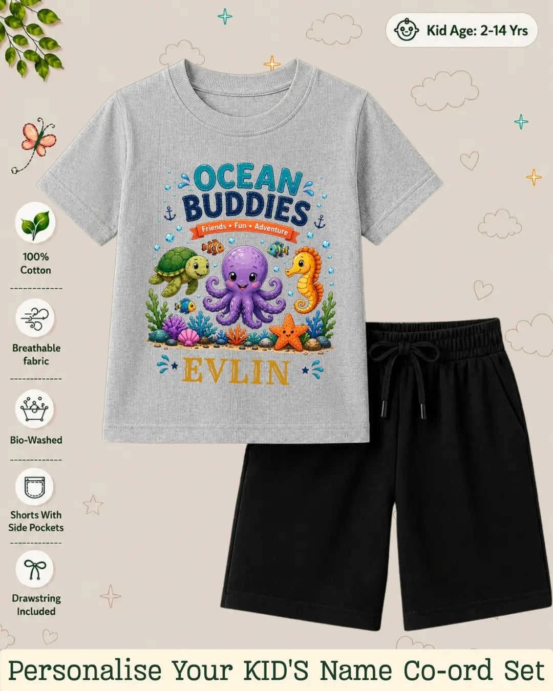Ocean Theme Custom Kid Co-ord Set Swiftsoul