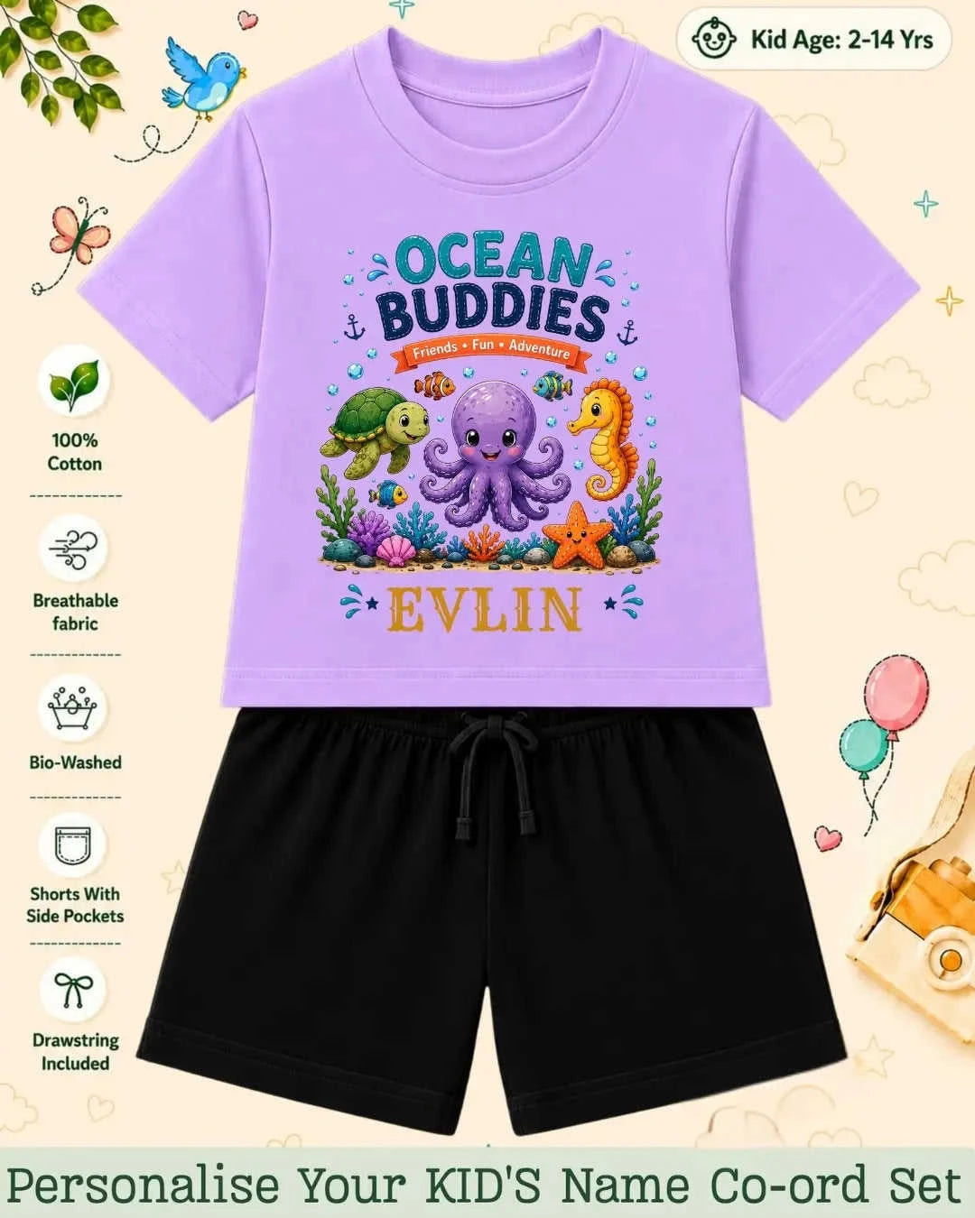 Ocean Theme Custom Kid Co-ord Set Swiftsoul