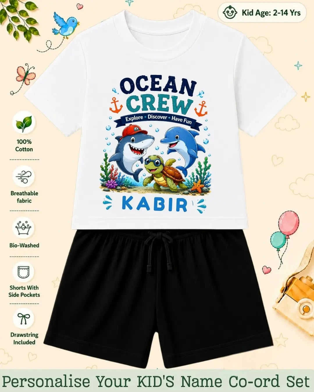 Ocean Theme Custom Kid Co-ord Set Swiftsoul