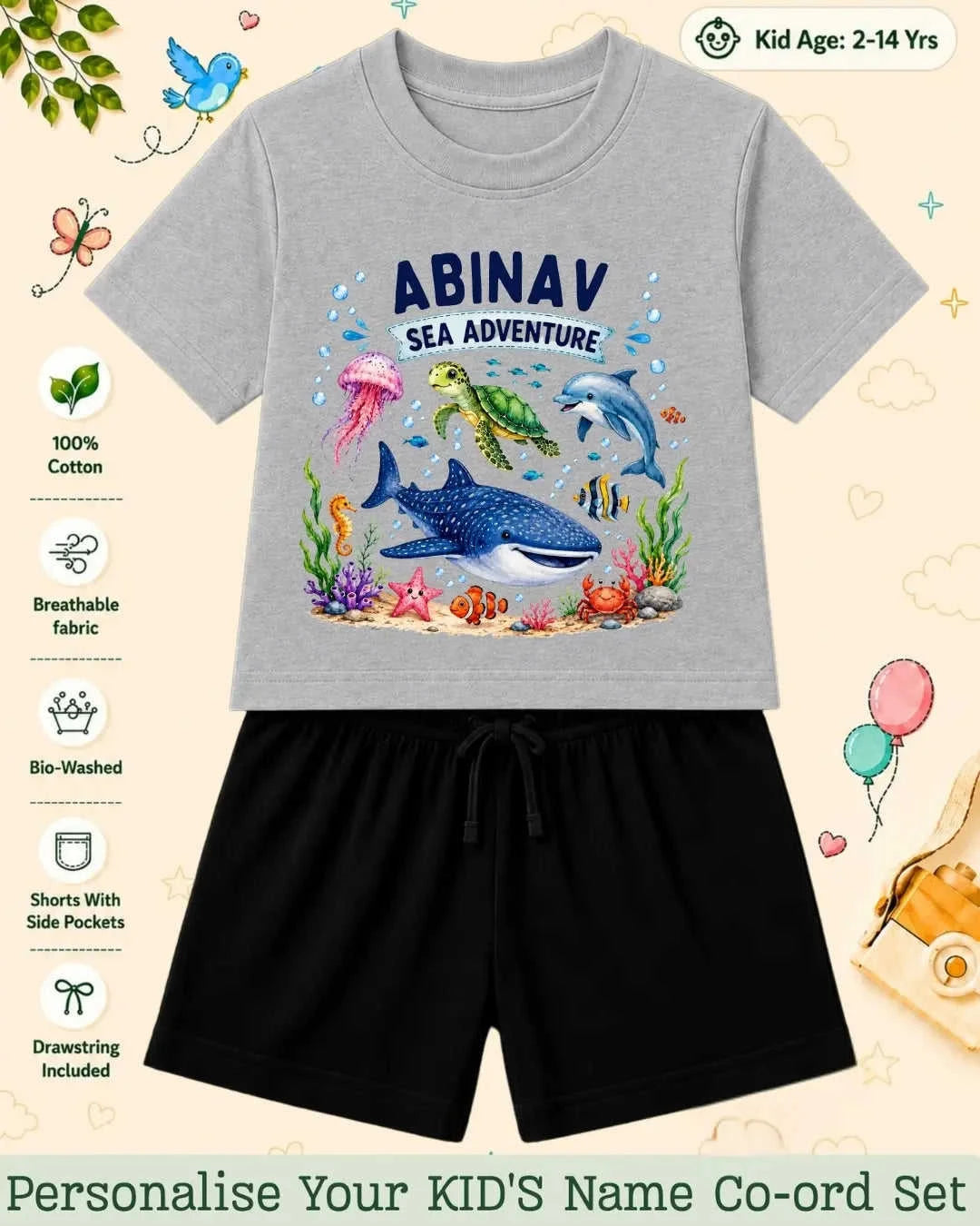 Ocean Theme Custom Kid Co-ord Set Swiftsoul
