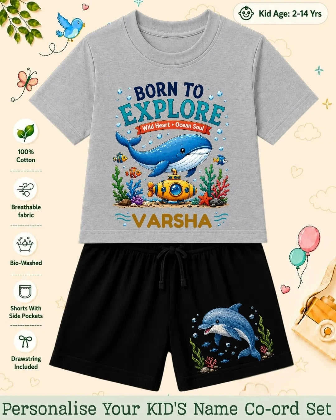Ocean Theme Custom Kid's Co-ord Set Swiftsoul