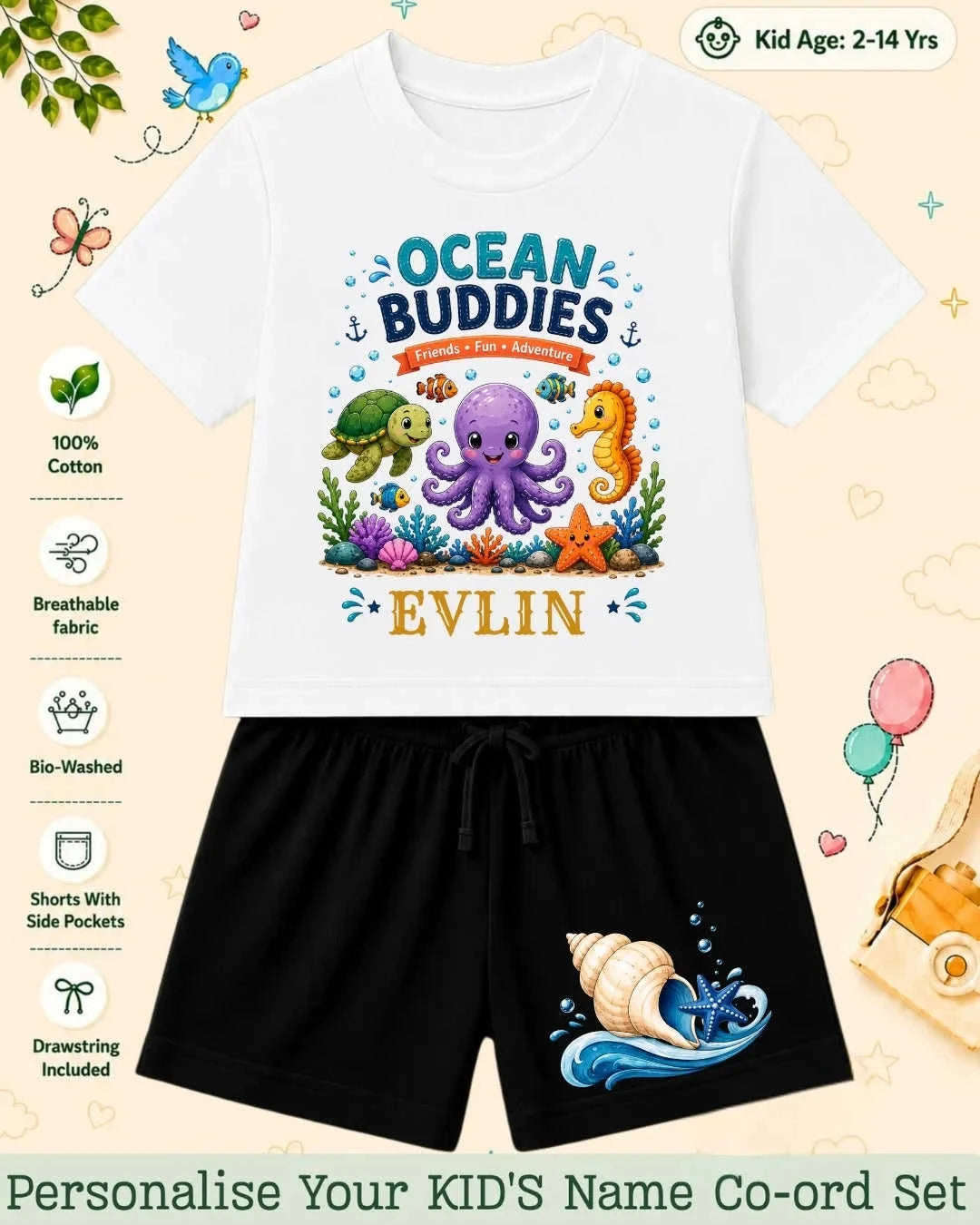 Ocean Theme Custom Kid's Co-ord Set Swiftsoul