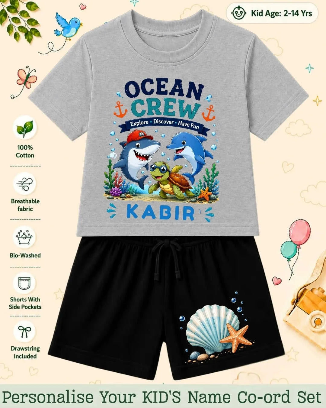 Ocean Theme Custom Kid's Co-ord Set Swiftsoul