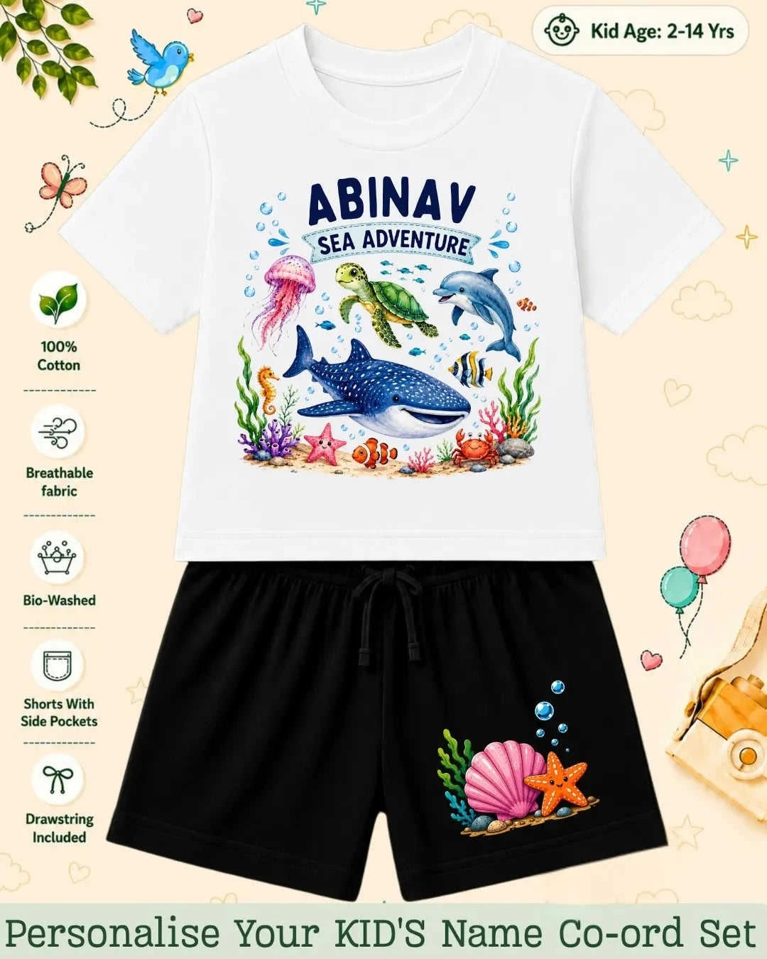 Ocean Theme Custom Kid's Co-ord Set Swiftsoul