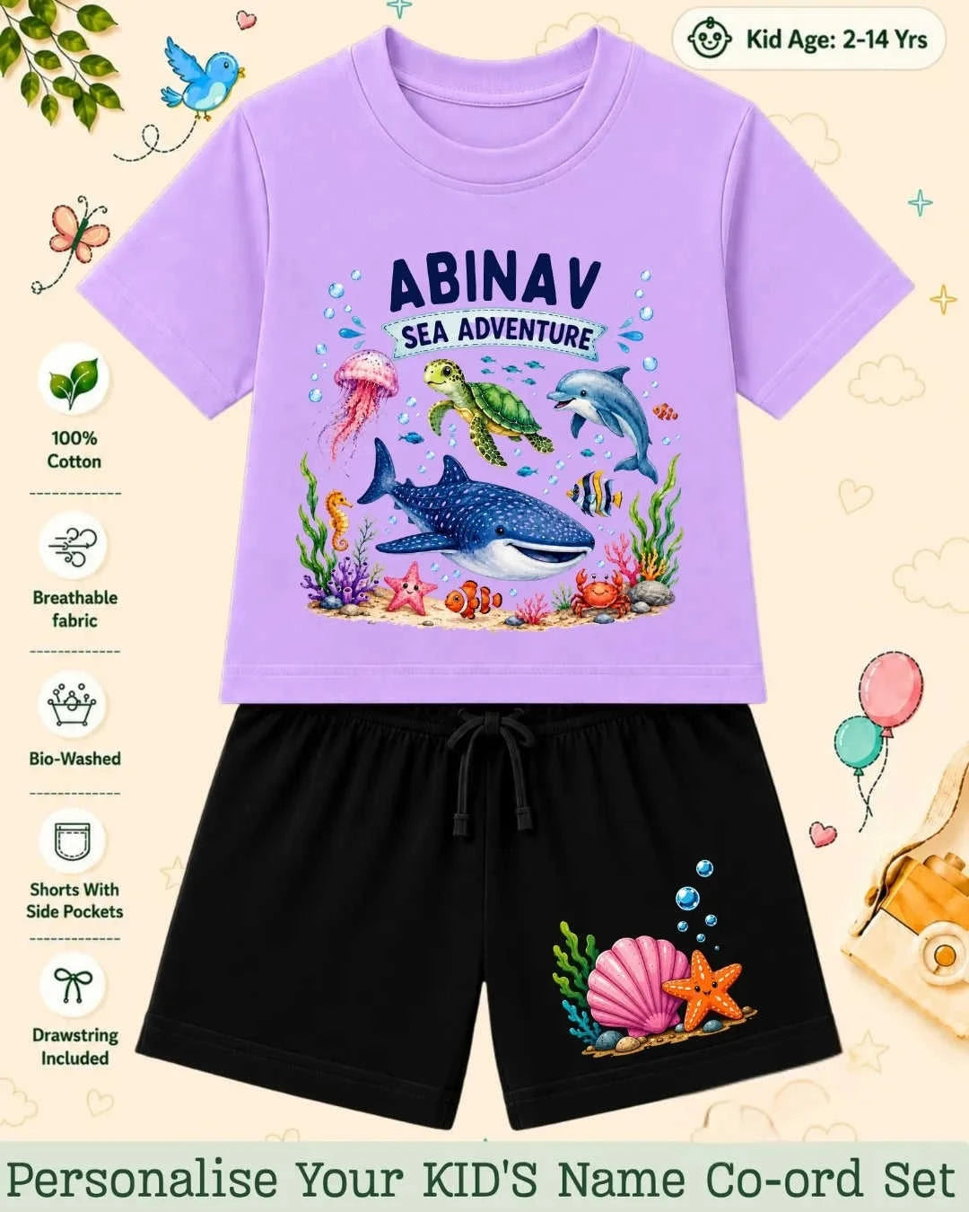 Ocean Theme Custom Kid's Co-ord Set Swiftsoul