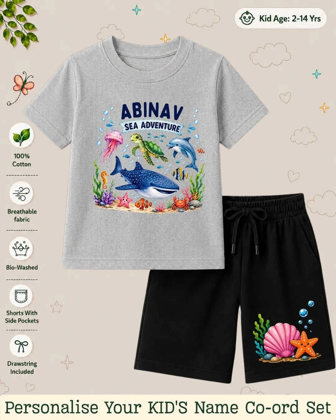Ocean Theme Custom Kid's Co-ord Set Swiftsoul