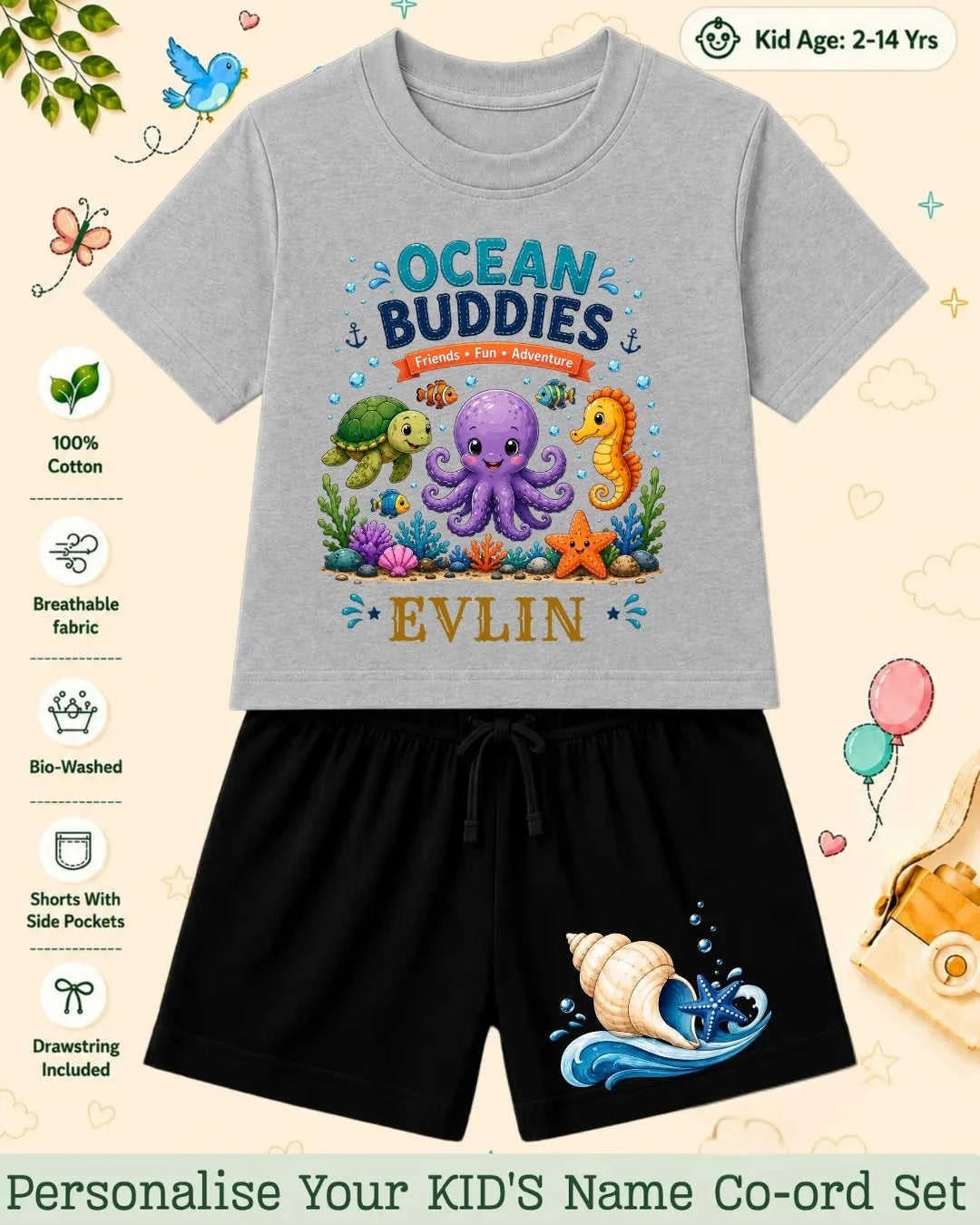 Ocean Theme Custom Kid's Co-ord Set Swiftsoul