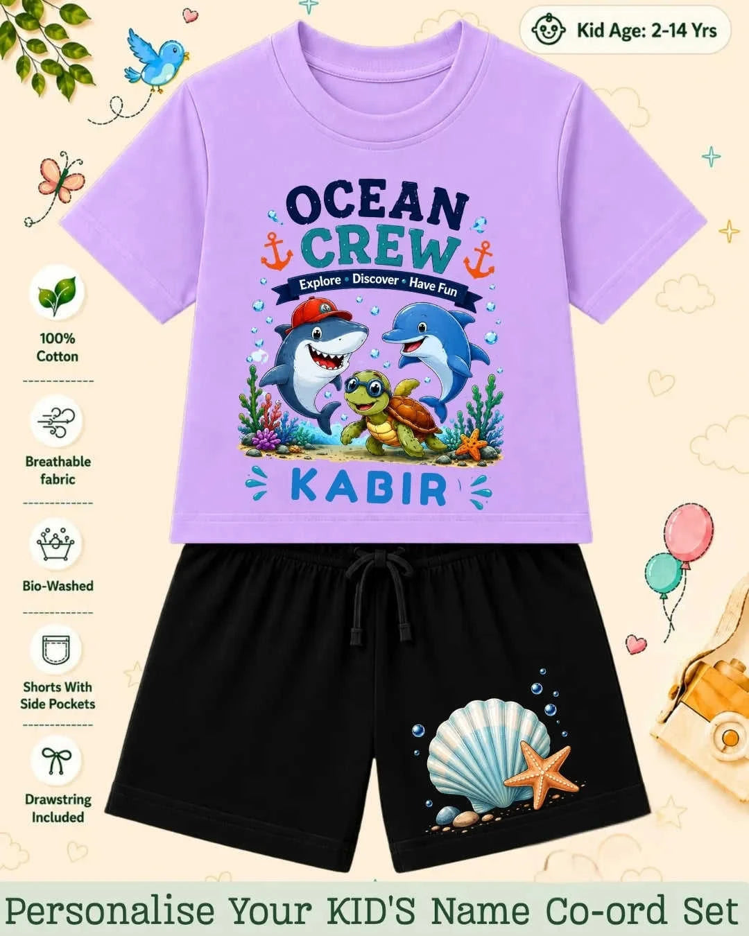 Ocean Theme Custom Kid's Co-ord Set Swiftsoul