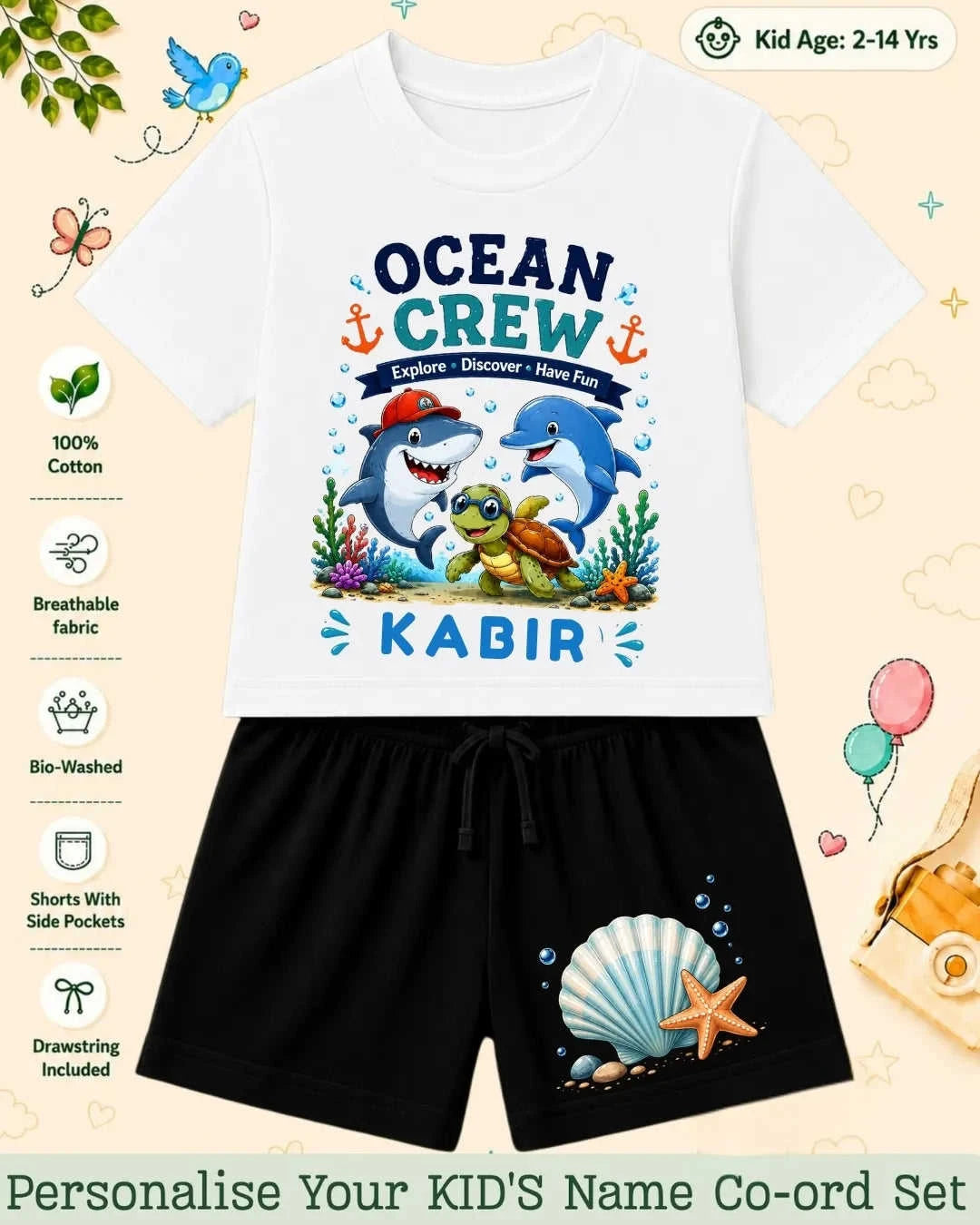 Ocean Theme Custom Kid's Co-ord Set Swiftsoul