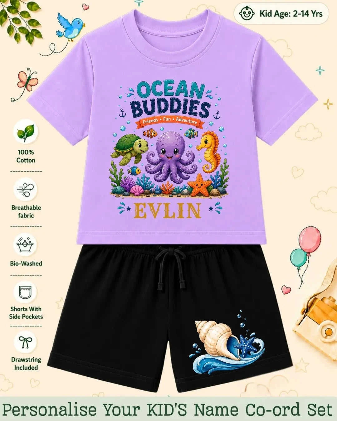 Ocean Theme Custom Kid's Co-ord Set Swiftsoul