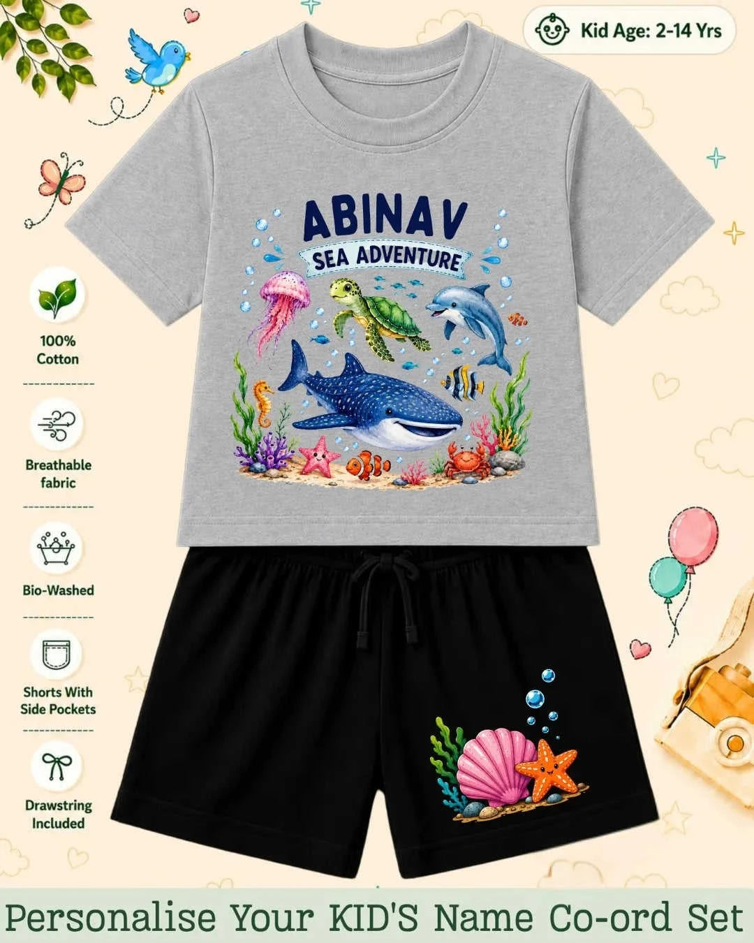 Ocean Theme Custom Kid's Co-ord Set Swiftsoul