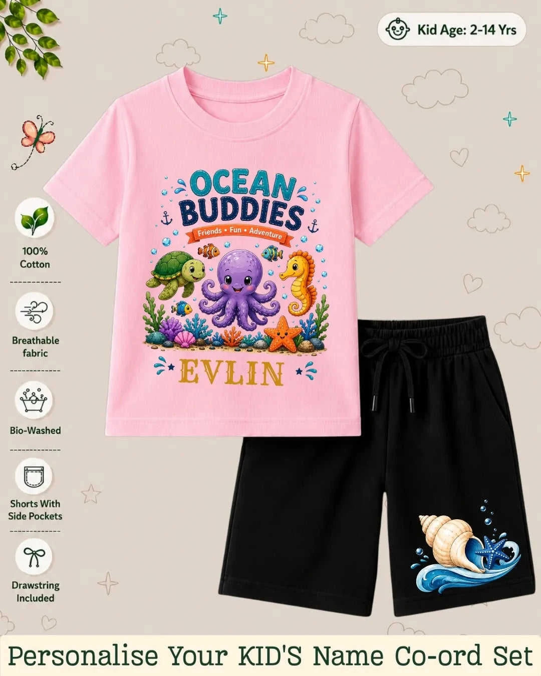 Ocean Theme Custom Kid's Co-ord Set Swiftsoul